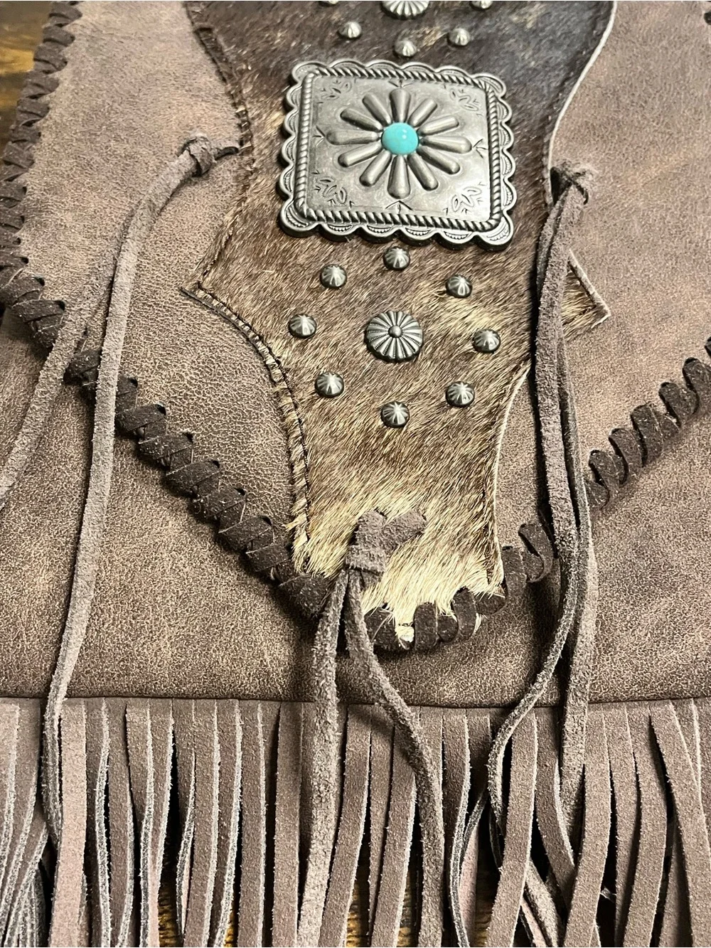 Trinity Ranch Coffee Fringed Suede Crossbody Bag with Turquoise Accent - Brown